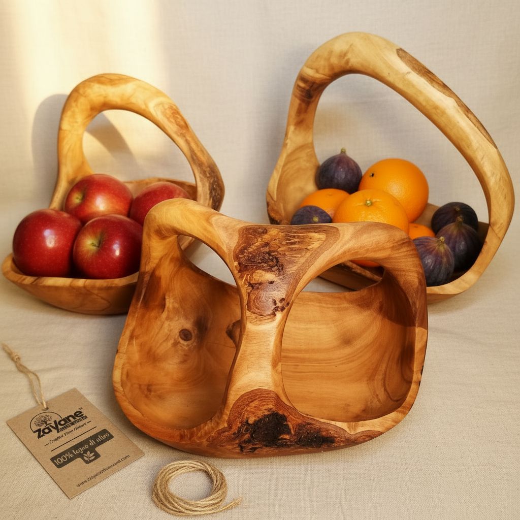 Cestino Porta Frutta in Legno d'Ulivo Artigianale – 2 Forme | Zayane™