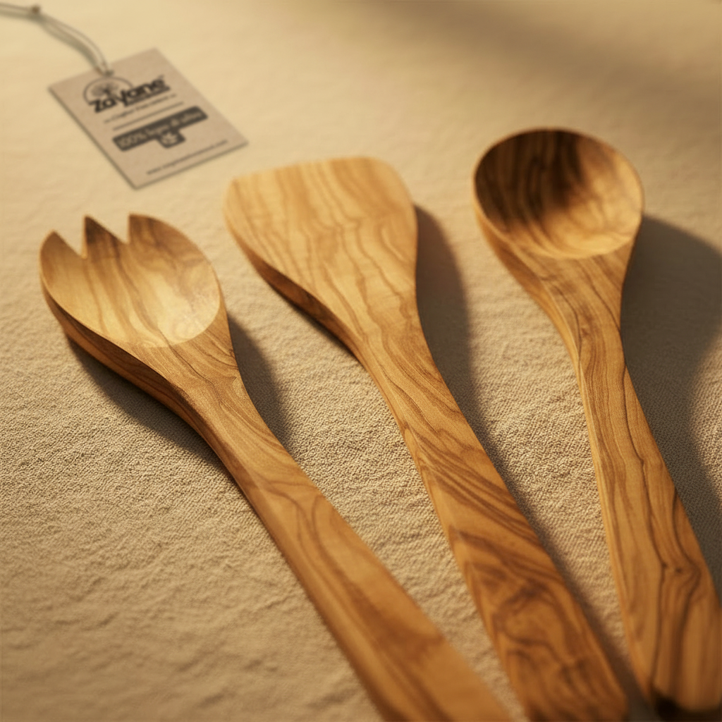 3-teiliges Küchenhelfer-Set – Löffel, Pfannenwender und Gabel aus Olivenholz | Zayane™