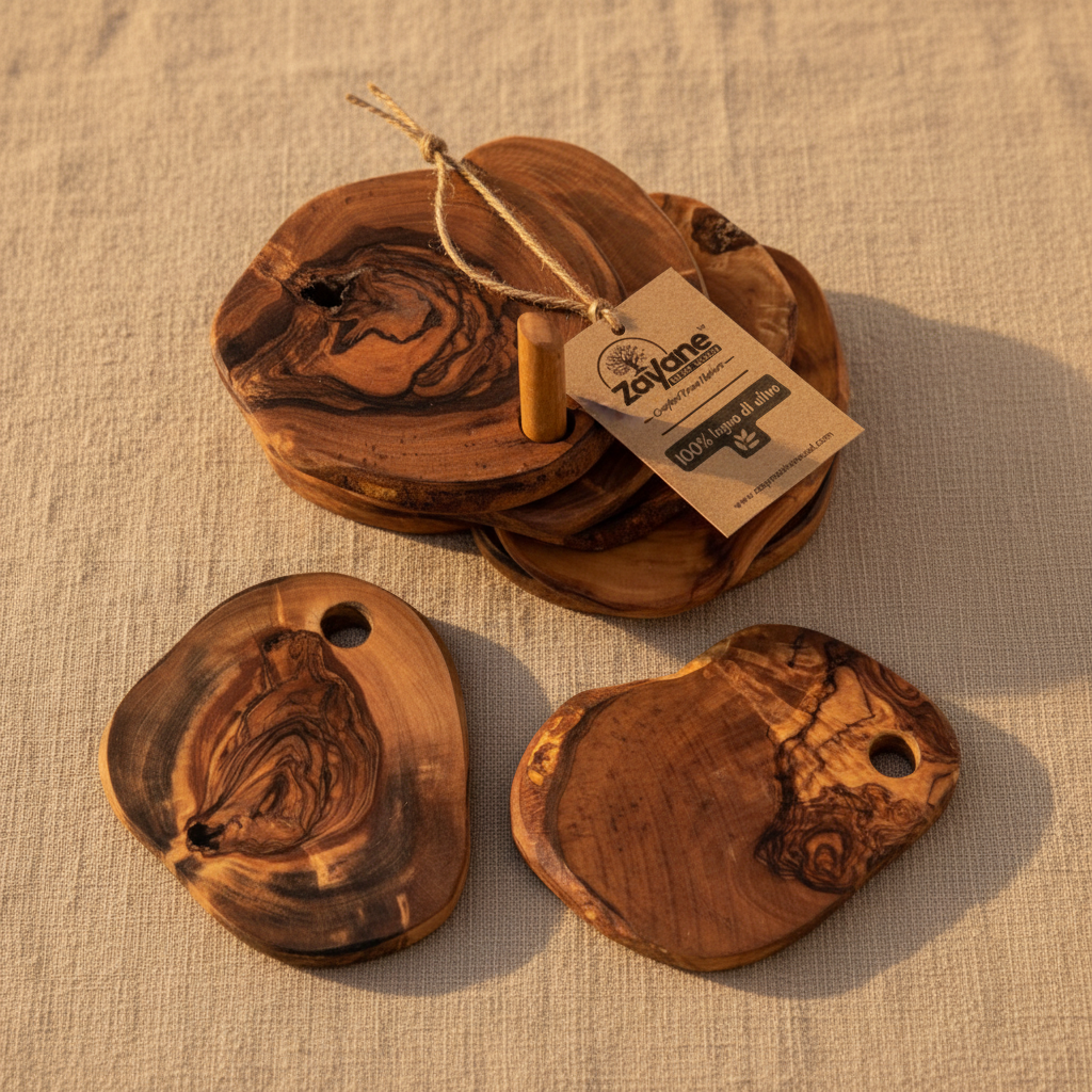 Set 6 Sottobicchieri in Legno d’Ulivo con Supporto – Zayane™