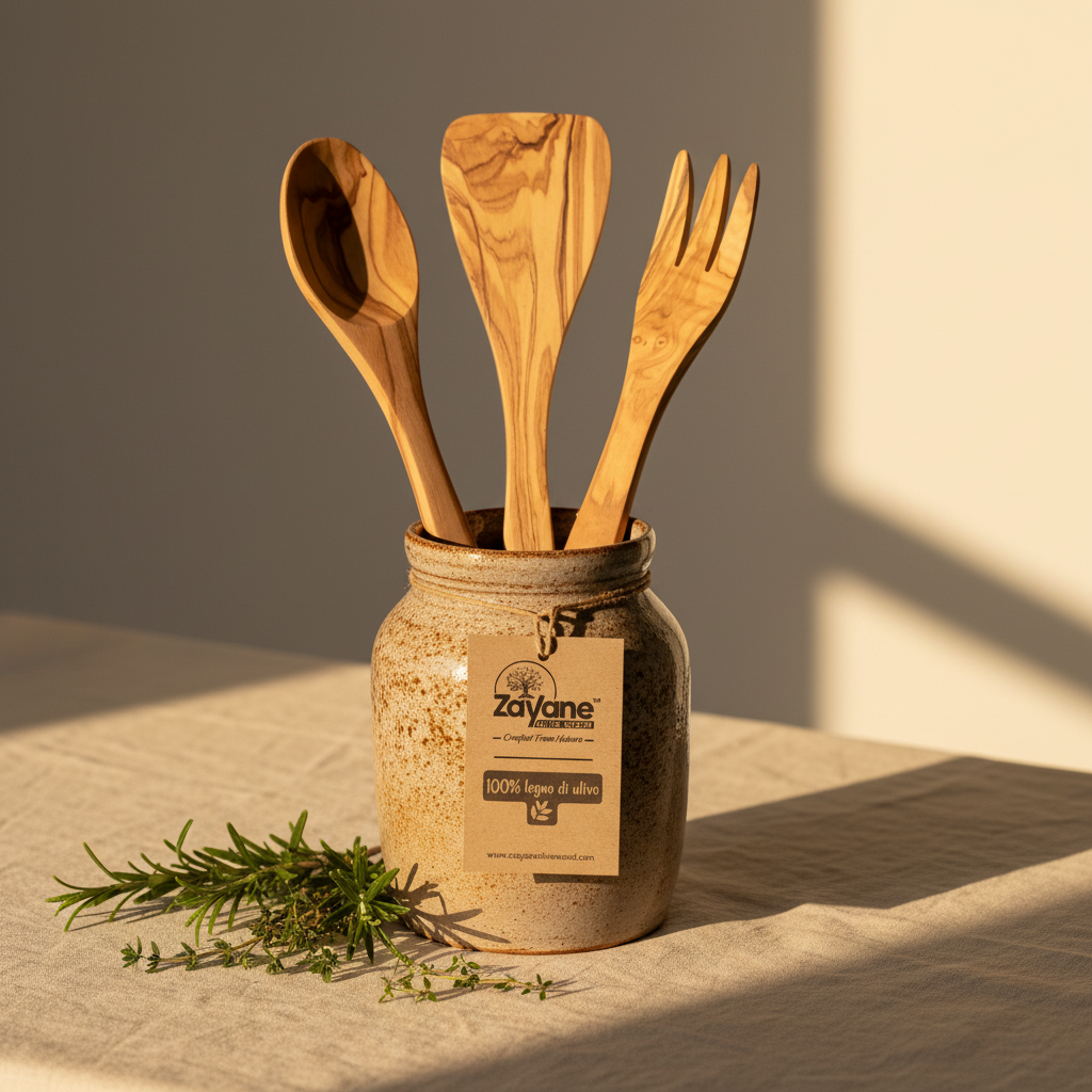 3-teiliges Besteckset – Löffel, Gabel und Pfannenwender aus Olivenholz | Zayane™