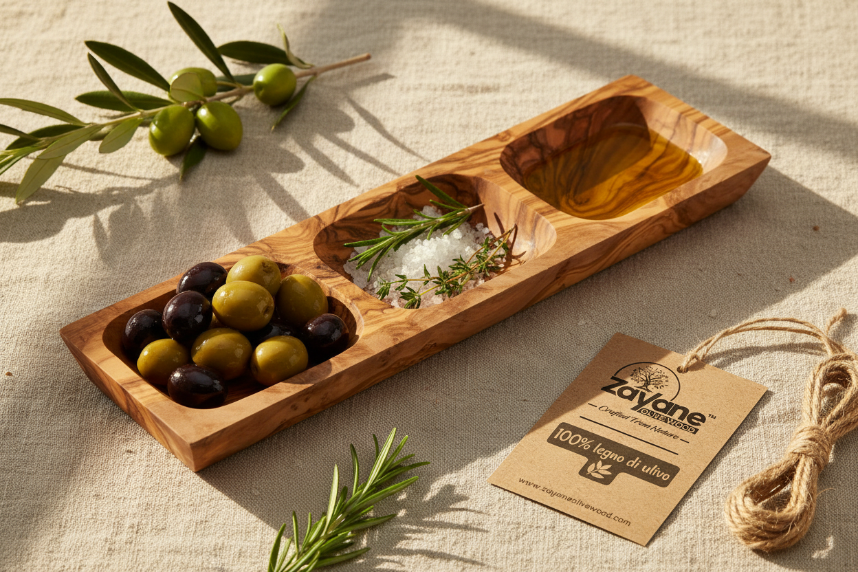 Vassoio Aperitivo a 3 Sezioni Rettangolare o Ovale – in Legno d'Ulivo | Zayane™