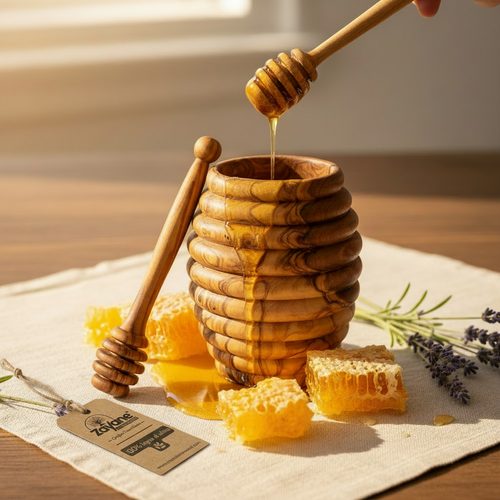 Barattolo per Miele in Legno d’Ulivo con Cucchiaio Dosatore – Zayane™