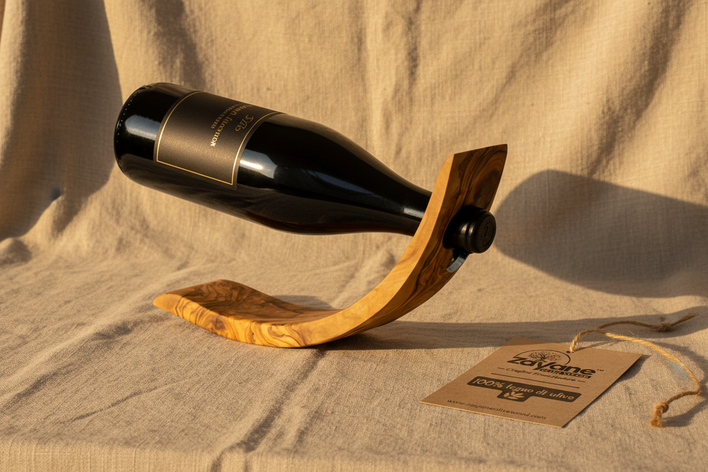 Handgefertigter Flaschenhalter Halbmond aus Olivenholz – Zayane™