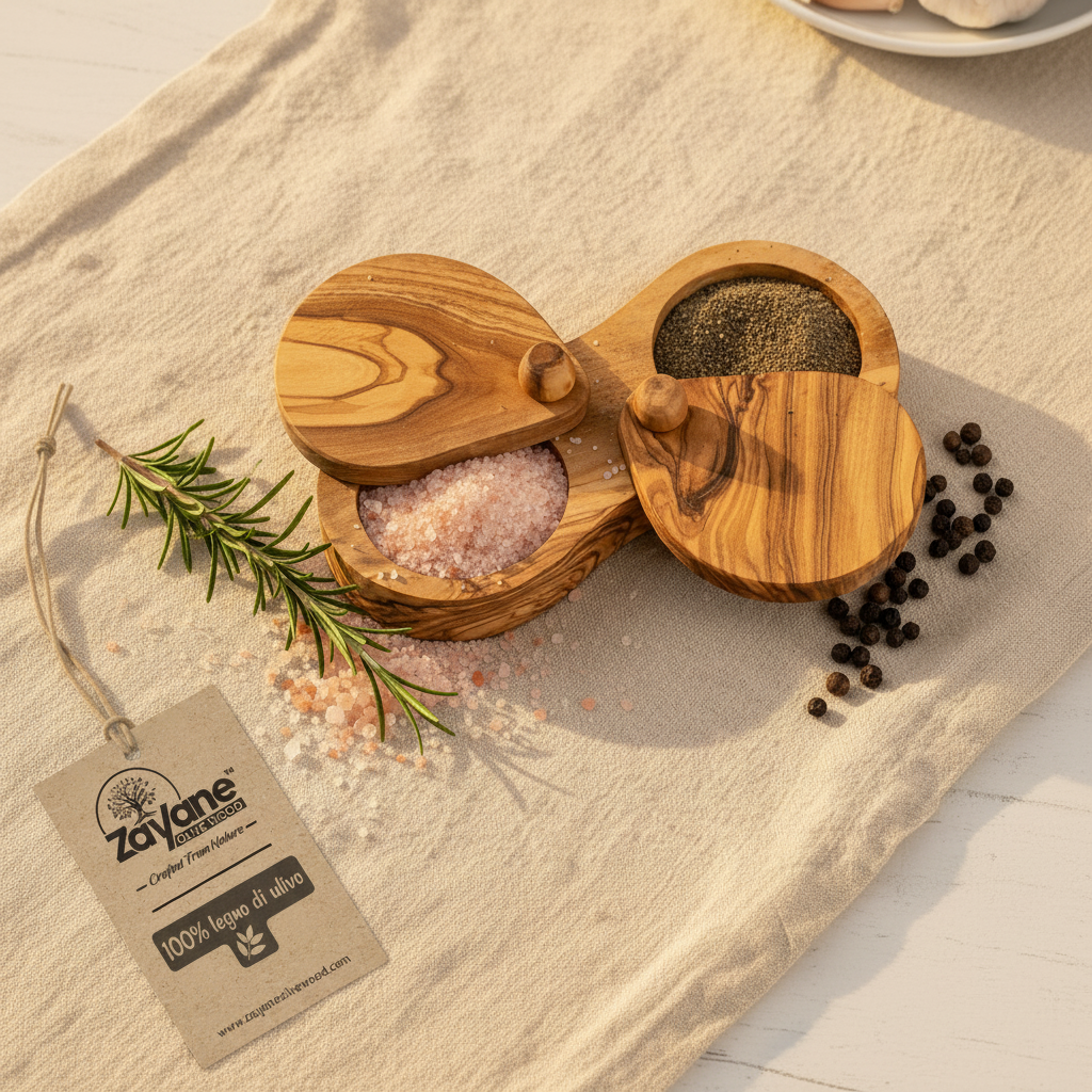 Porta Sale e Pepe in Legno d’Ulivo con Coperchio – Set Contenitori Spezie Artigianali – Zayane™