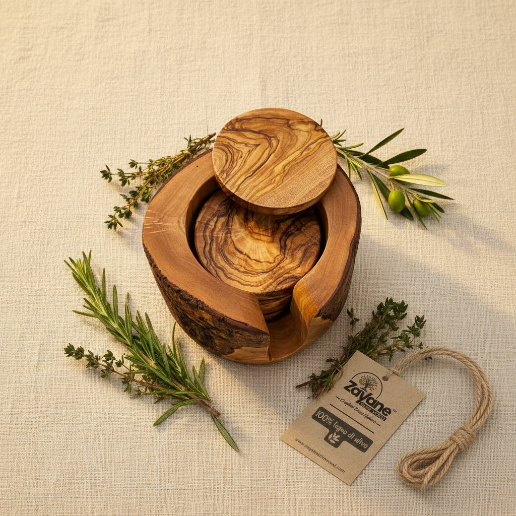 Set of 6 Hand-Carved Olive Wood Coasters with Grooved Base | Zayane™