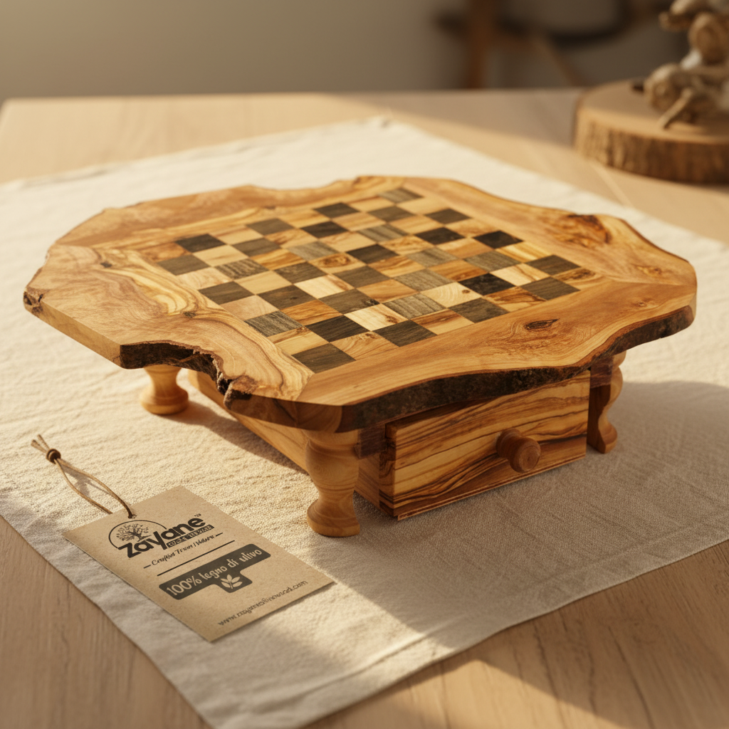 Scacchiera Artigianale in Legno d'Ulivo con Cassetto – Quadrettini Neri M, L, XL | Zayane™