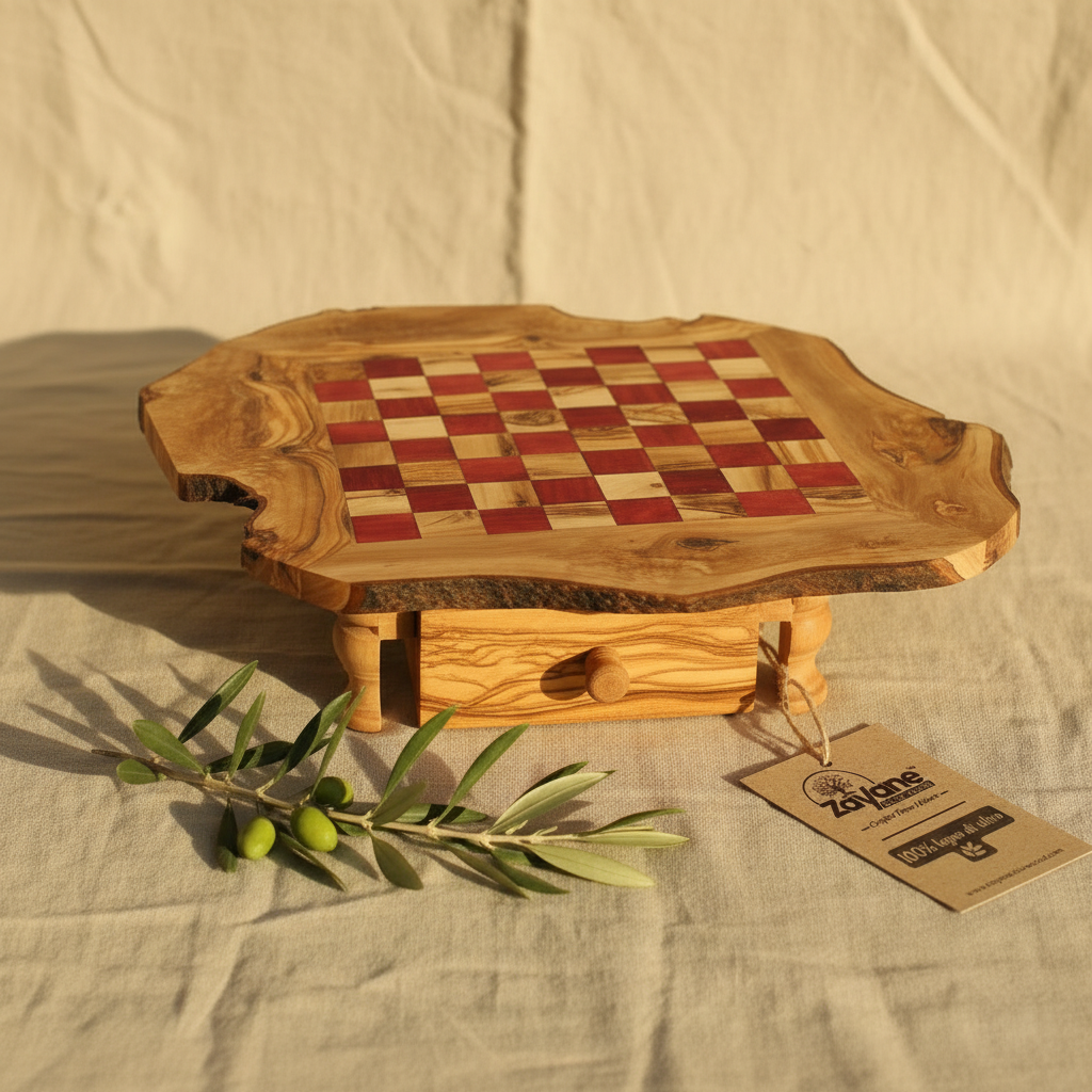 Scacchiera Artigianale in Legno d'Ulivo con Cassetto – Quadrettini Rossi M, L, XL | Zayane™