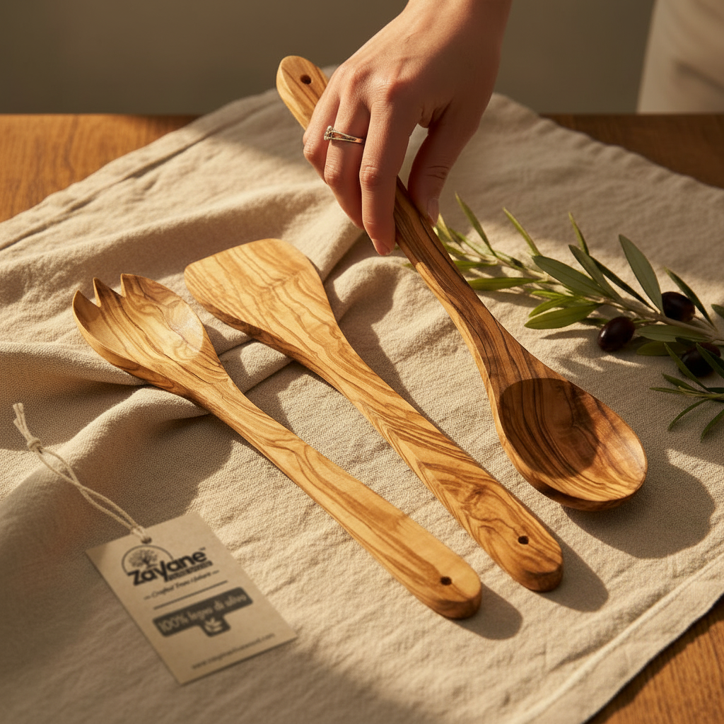3-teiliges Küchenhelfer-Set – Löffel, Pfannenwender und Gabel aus Olivenholz | Zayane™