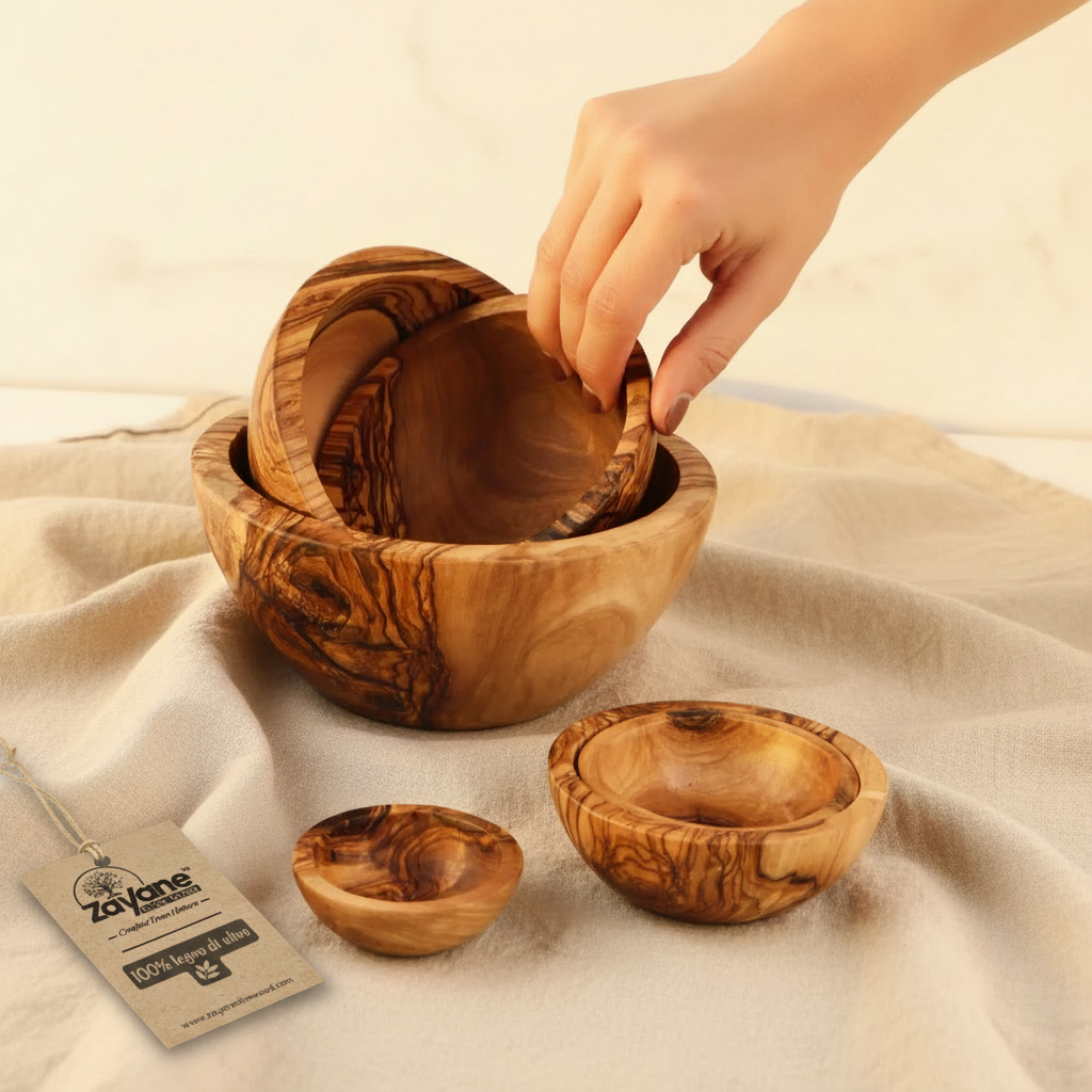 Set 6 Ciotole in Legno d’Ulivo Artigianali – Ø 6–16 cm Impilabili | Zayane™
