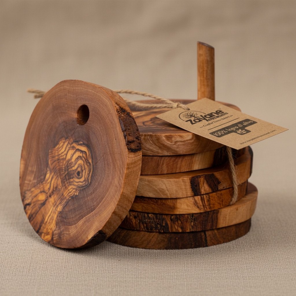 6er-Set Olivenholz-Untersetzer mit Halterung – Zayane™