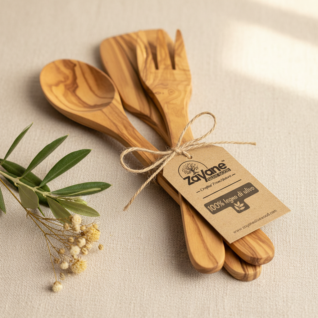 3-teiliges Besteckset – Löffel, Gabel und Pfannenwender aus Olivenholz | Zayane™