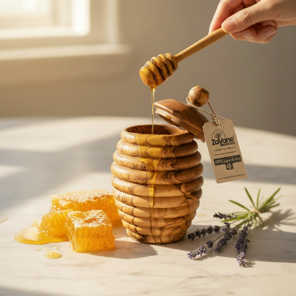 Barattolo per Miele in Legno d’Ulivo con Cucchiaio Dosatore – Zayane™