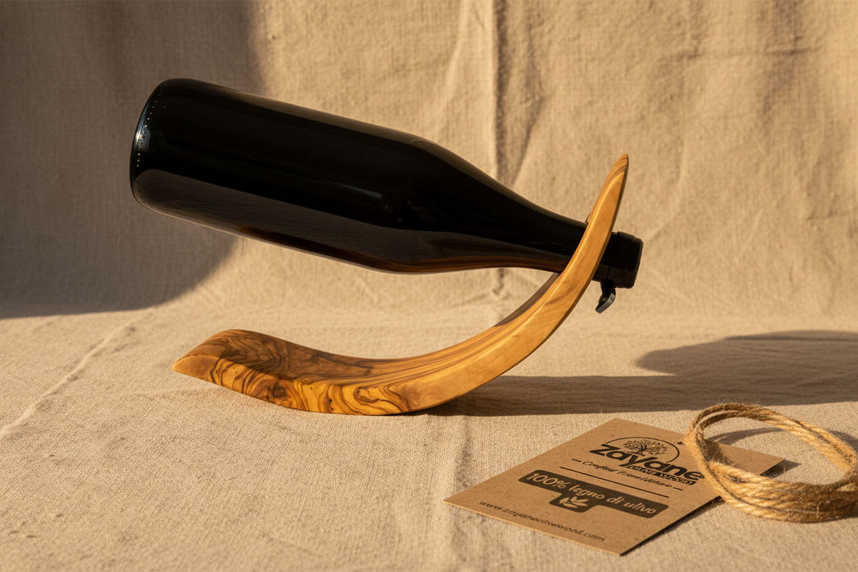 Portabottiglie Artigianale a Forma Mezza Luna in Legno d’Ulivo – Zayane™
