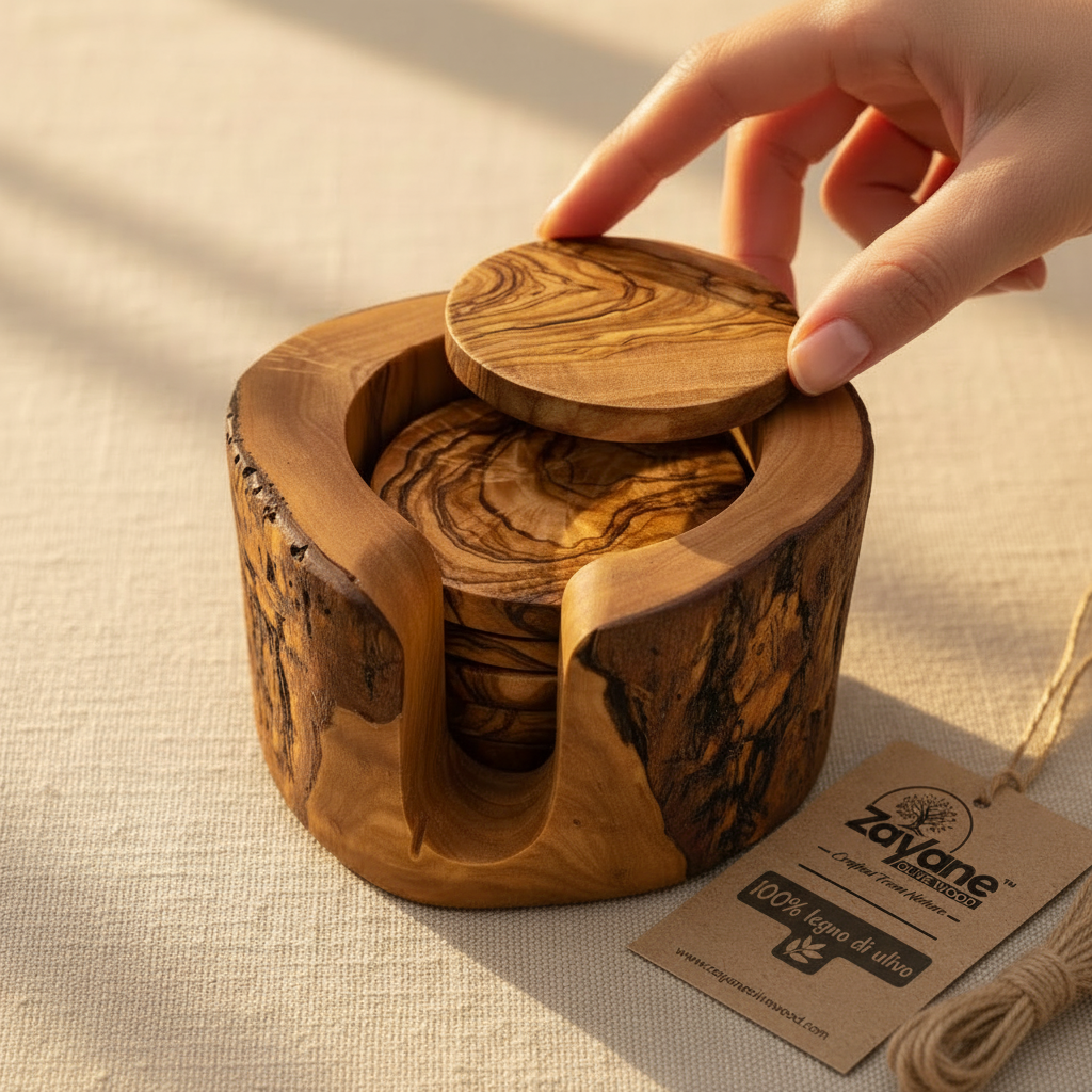 Set of 6 Hand-Carved Olive Wood Coasters with Grooved Base | Zayane™