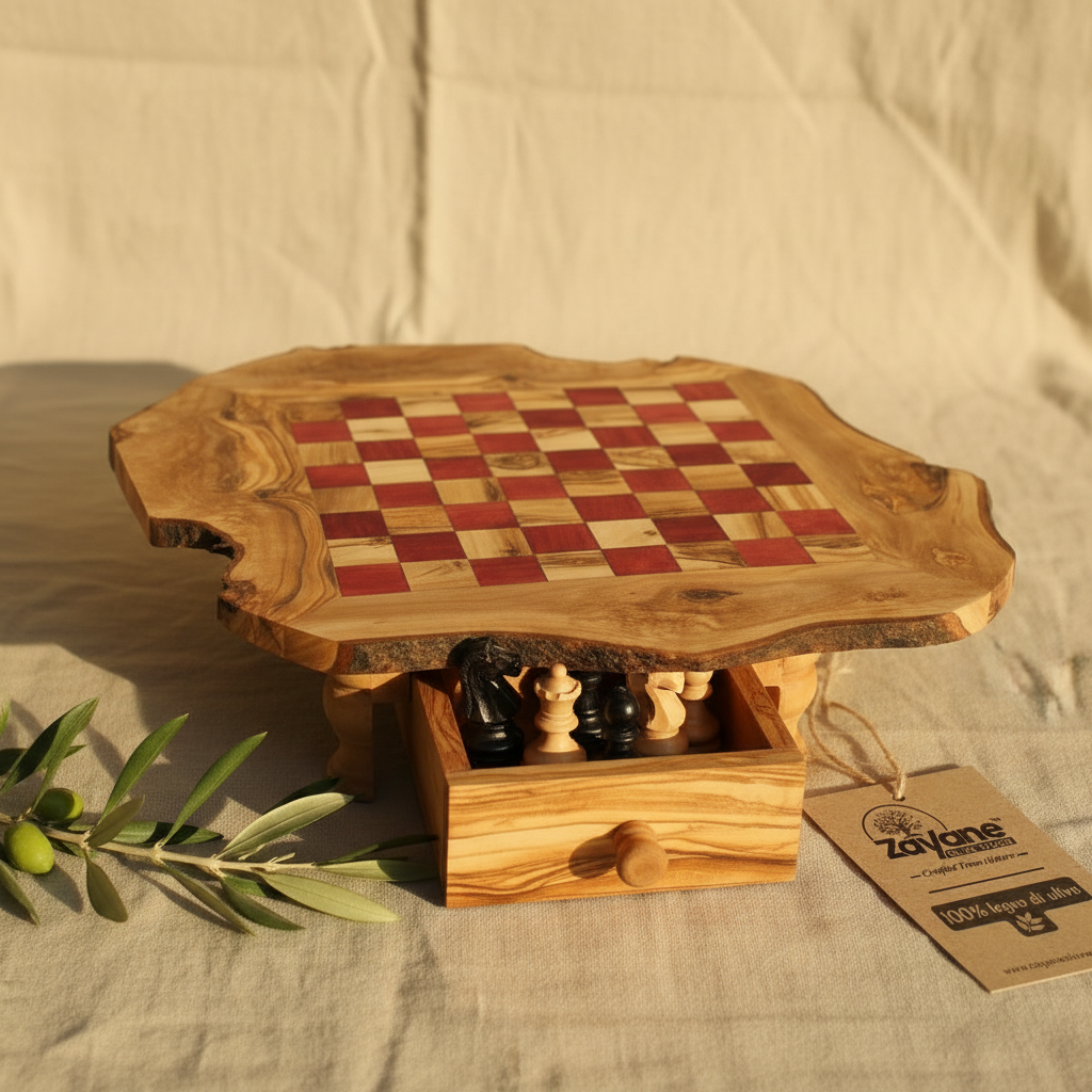 Scacchiera Artigianale in Legno d'Ulivo con Cassetto – Quadrettini Rossi M, L, XL | Zayane™