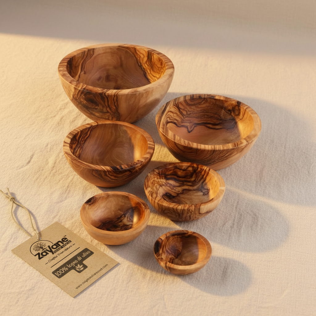 6er Set handgefertigte Schalen aus Olivenholz – Ø 6–16 cm Stapelbar | Zayane™