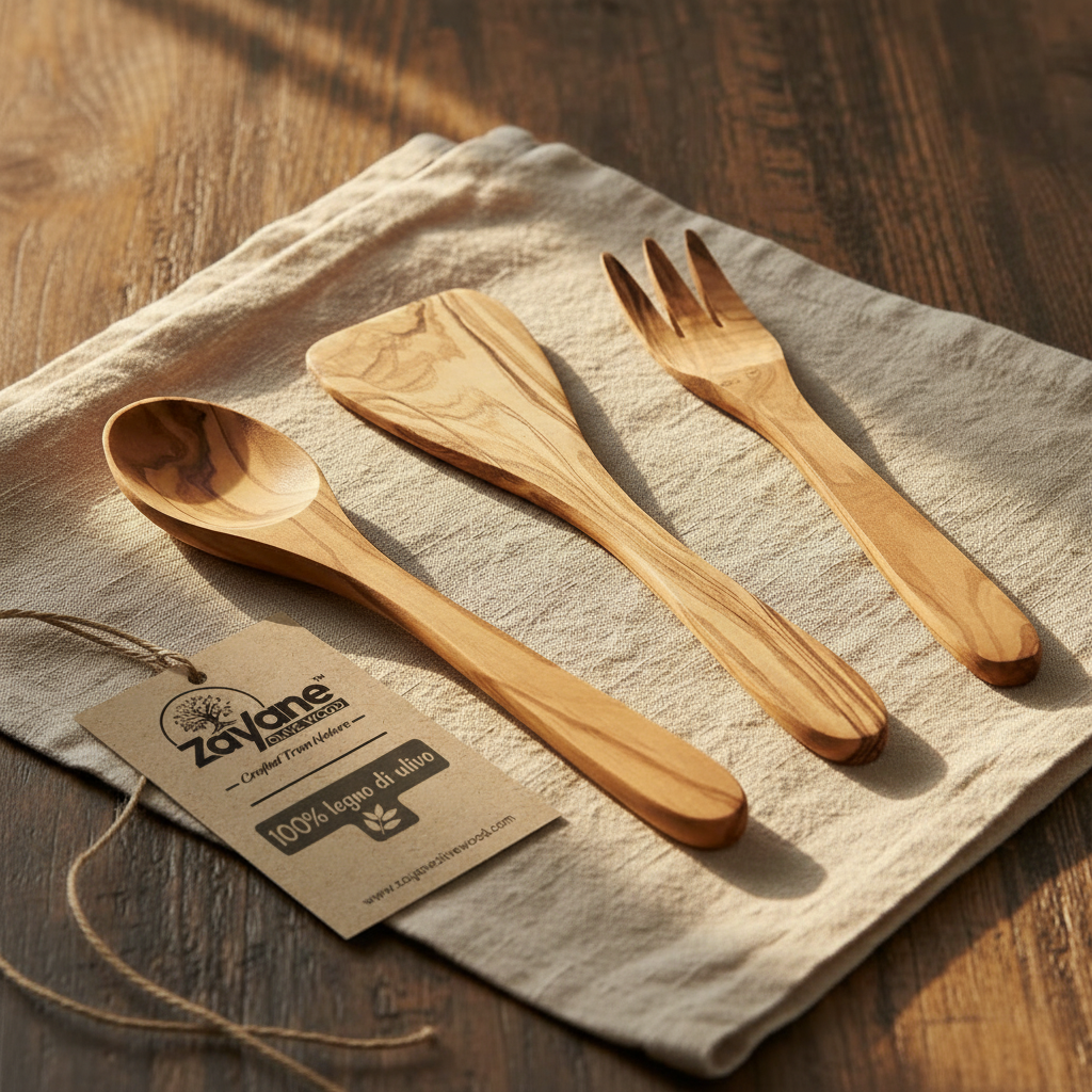 3-teiliges Besteckset – Löffel, Gabel und Pfannenwender aus Olivenholz | Zayane™