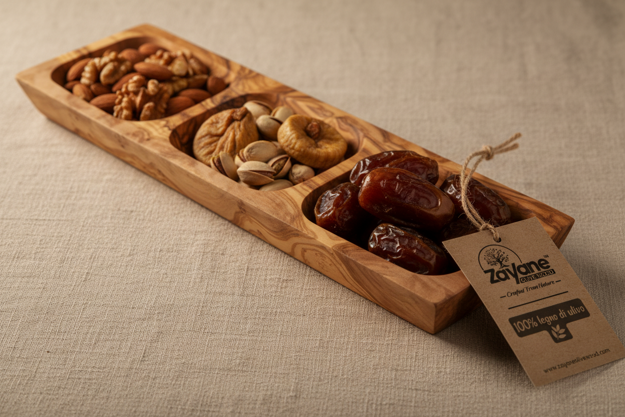 Vassoio Aperitivo a 3 Sezioni Rettangolare o Ovale – in Legno d'Ulivo | Zayane™