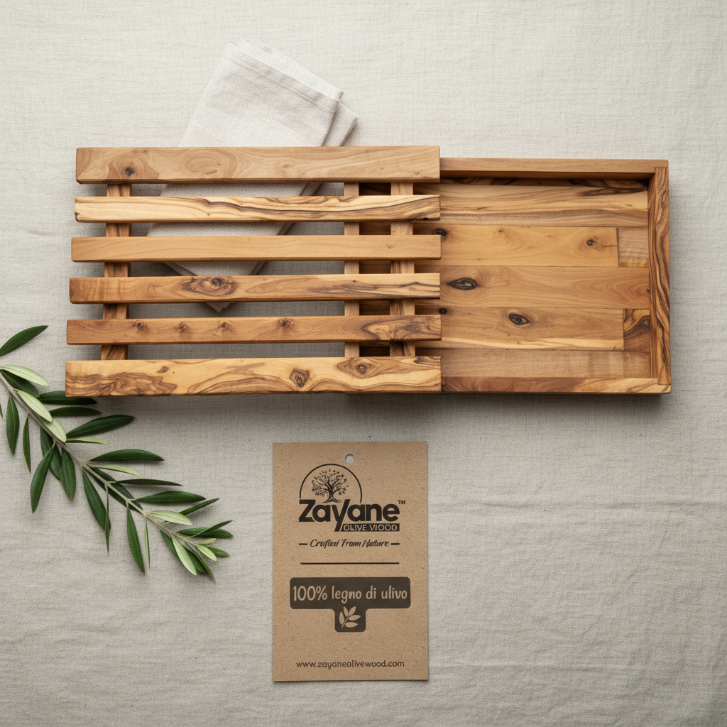 Vassoio Taglia Pane in Legno d’Ulivo con Raccogli Briciole | Zayane™