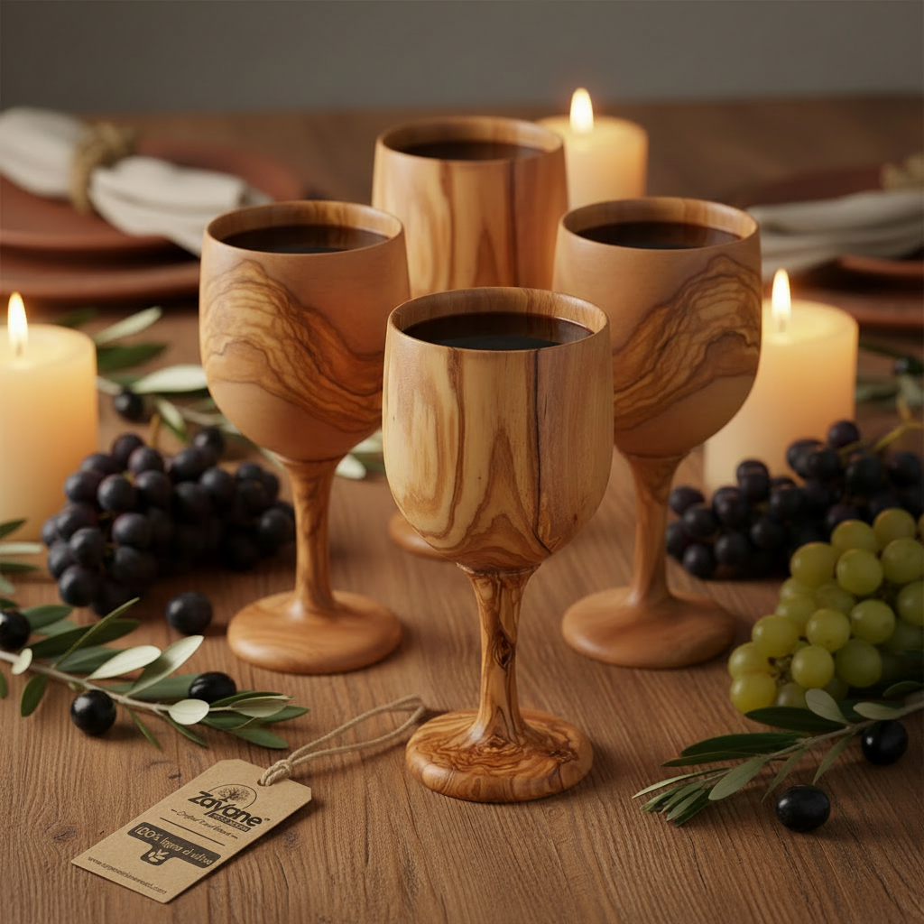 Calice in Legno d’Ulivo Artigianale – Bicchiere Elegante 15 cm – 1, 4 o 6 Pezzi – Zayane™