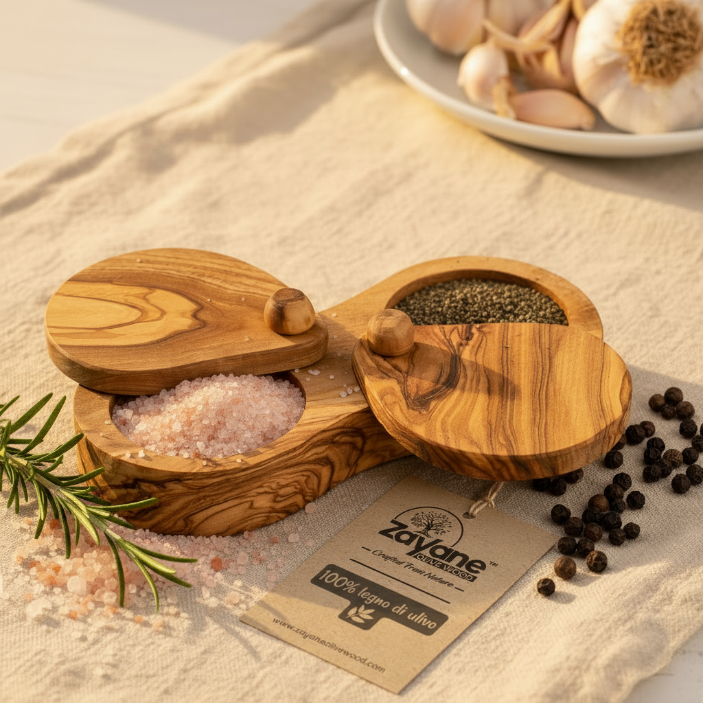 Porta Sale e Pepe in Legno d’Ulivo con Coperchio – Set Contenitori Spezie Artigianali – Zayane™