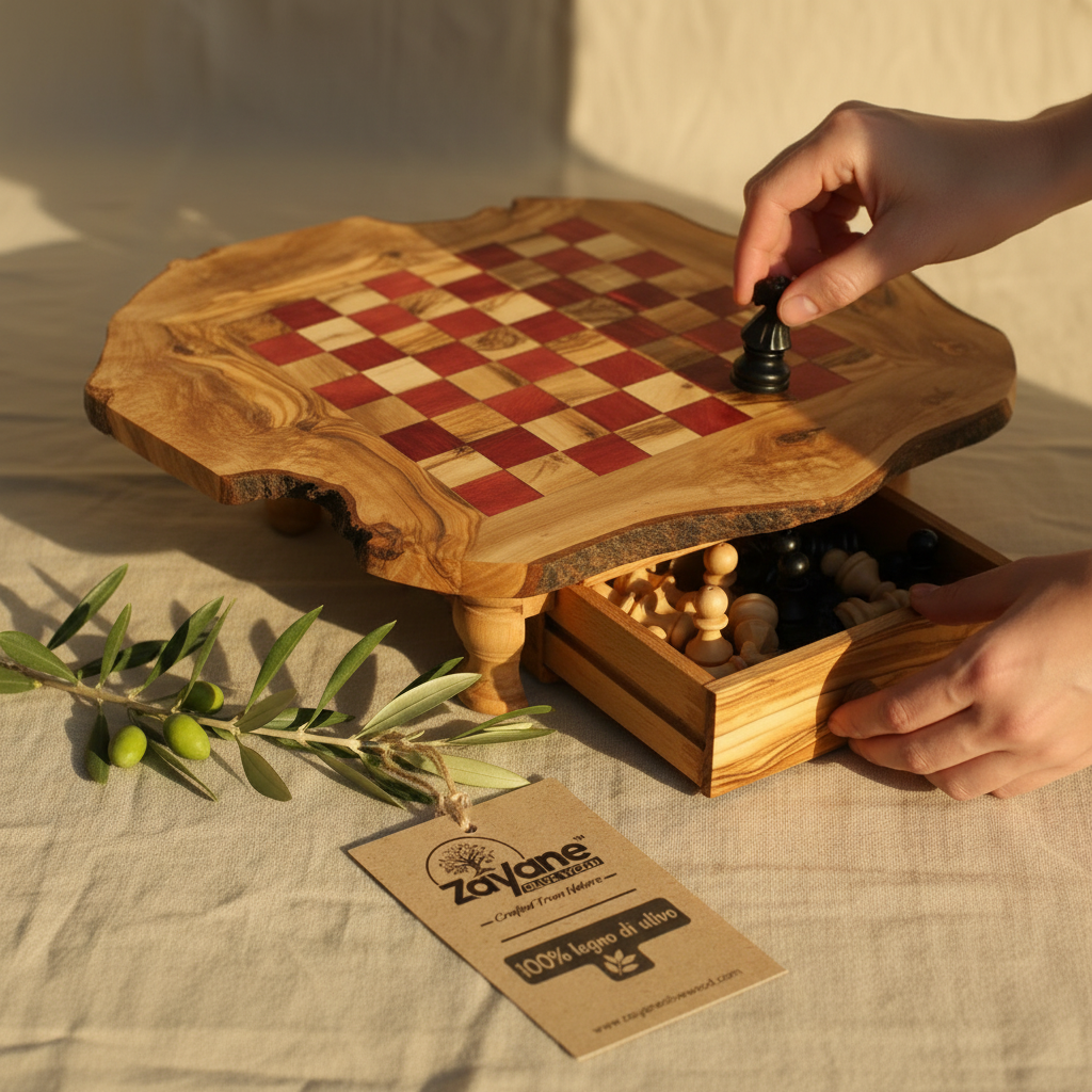 Scacchiera Artigianale in Legno d'Ulivo con Cassetto – Quadrettini Rossi M, L, XL | Zayane™