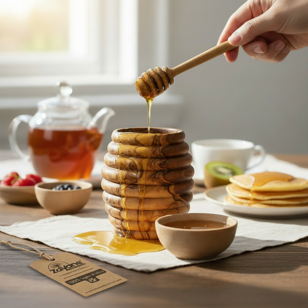 Barattolo per Miele in Legno d’Ulivo con Cucchiaio Dosatore – Zayane™