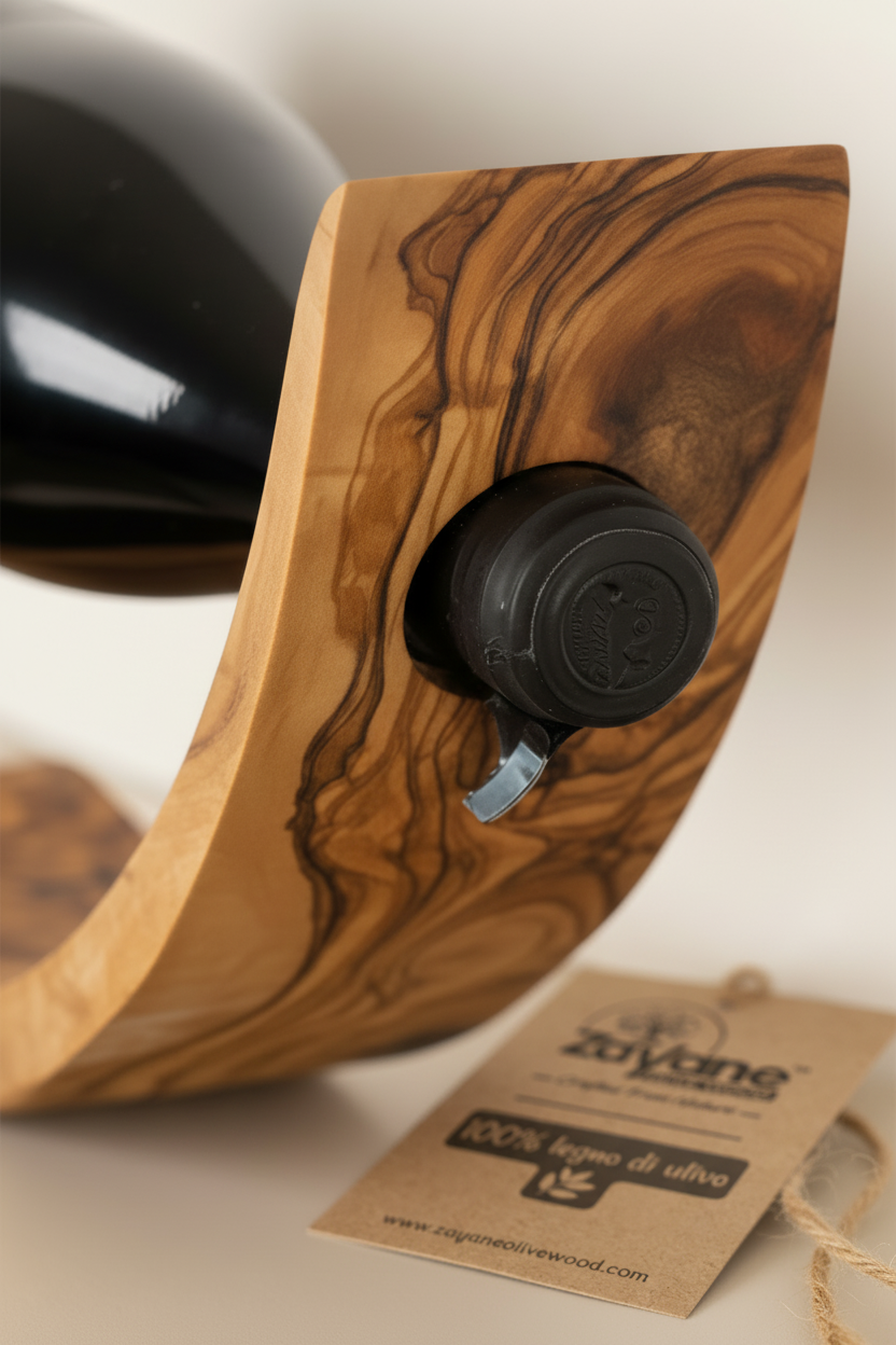 Portabottiglie Artigianale a Forma Mezza Luna in Legno d’Ulivo – Zayane™