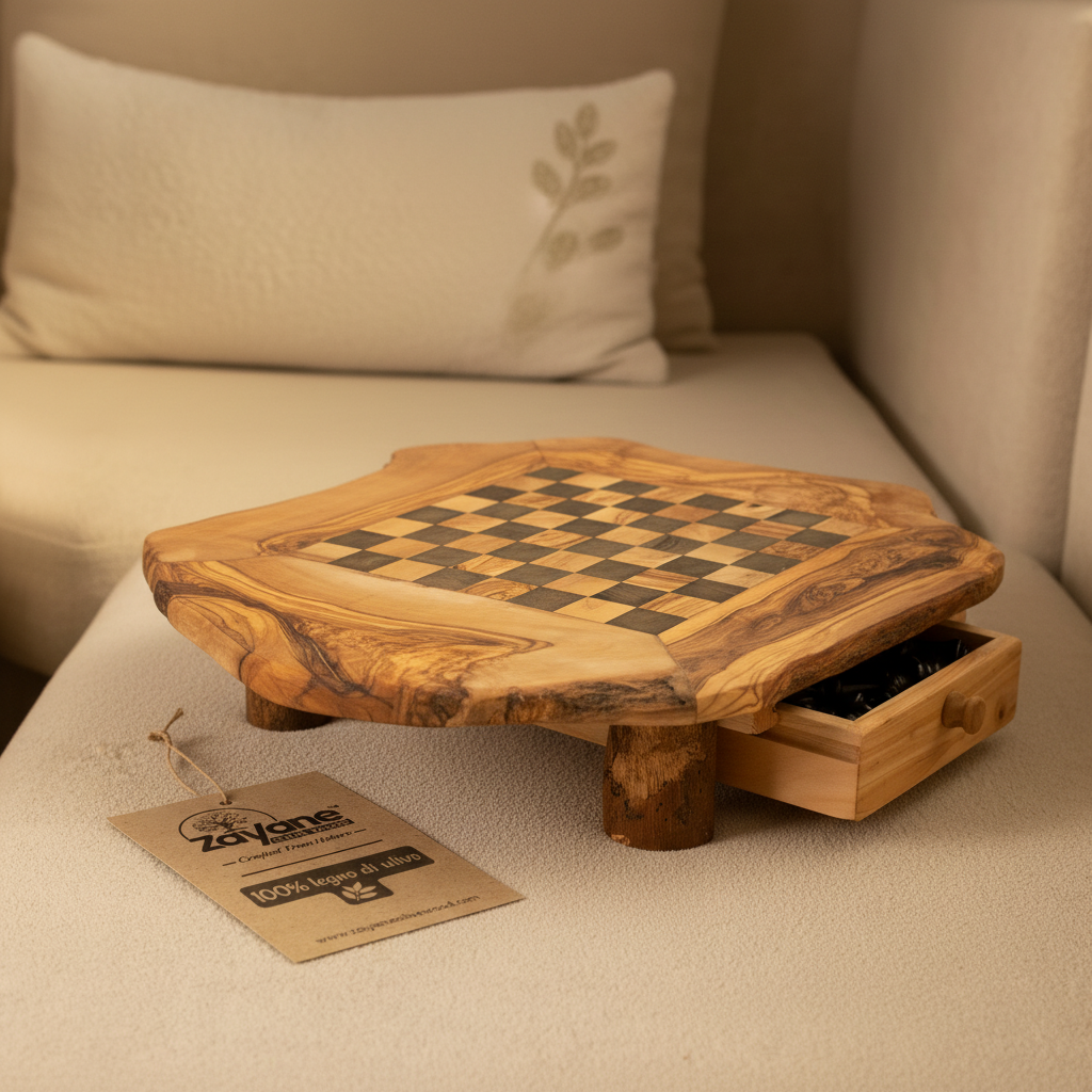 Scacchiera Artigianale in Legno d'Ulivo con Cassetto – Quadrettini Neri M, L, XL | Zayane™