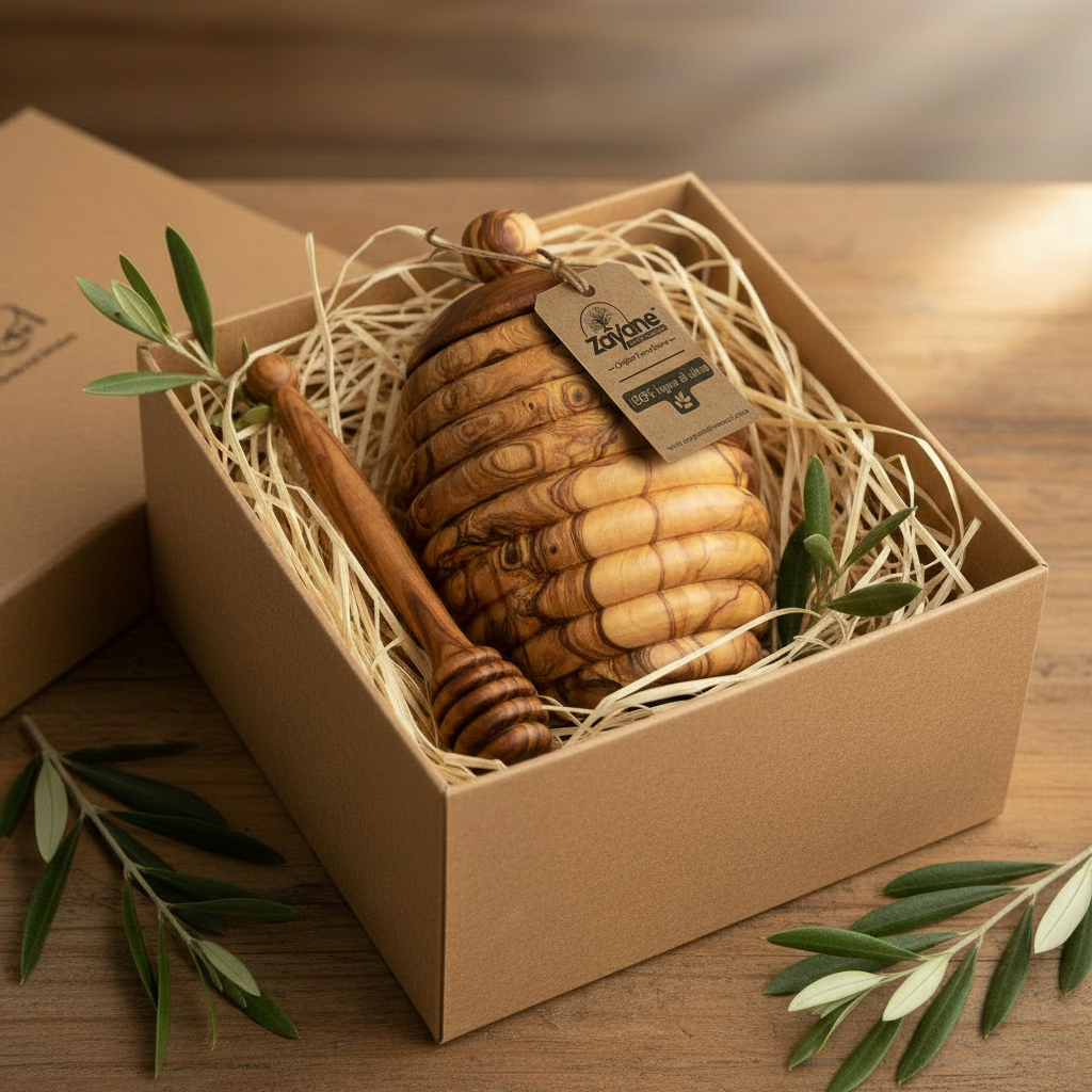 Barattolo per Miele in Legno d’Ulivo con Cucchiaio Dosatore – Zayane™