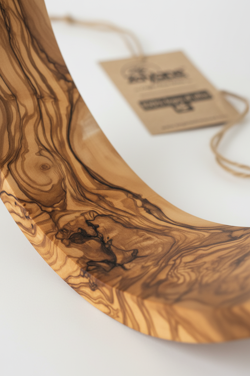 Handgefertigter Flaschenhalter Halbmond aus Olivenholz – Zayane™