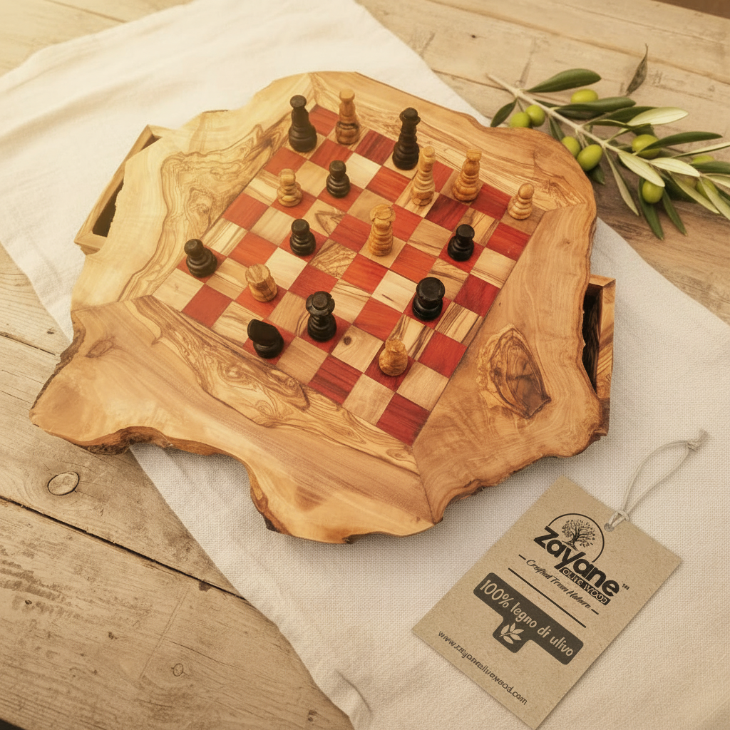 Scacchiera Artigianale in Legno d'Ulivo con Cassetto – Quadrettini Rossi M, L, XL | Zayane™