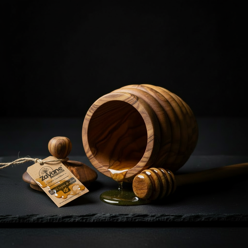 Barattolo per Miele in Legno d’Ulivo con Cucchiaio Dosatore – Zayane™