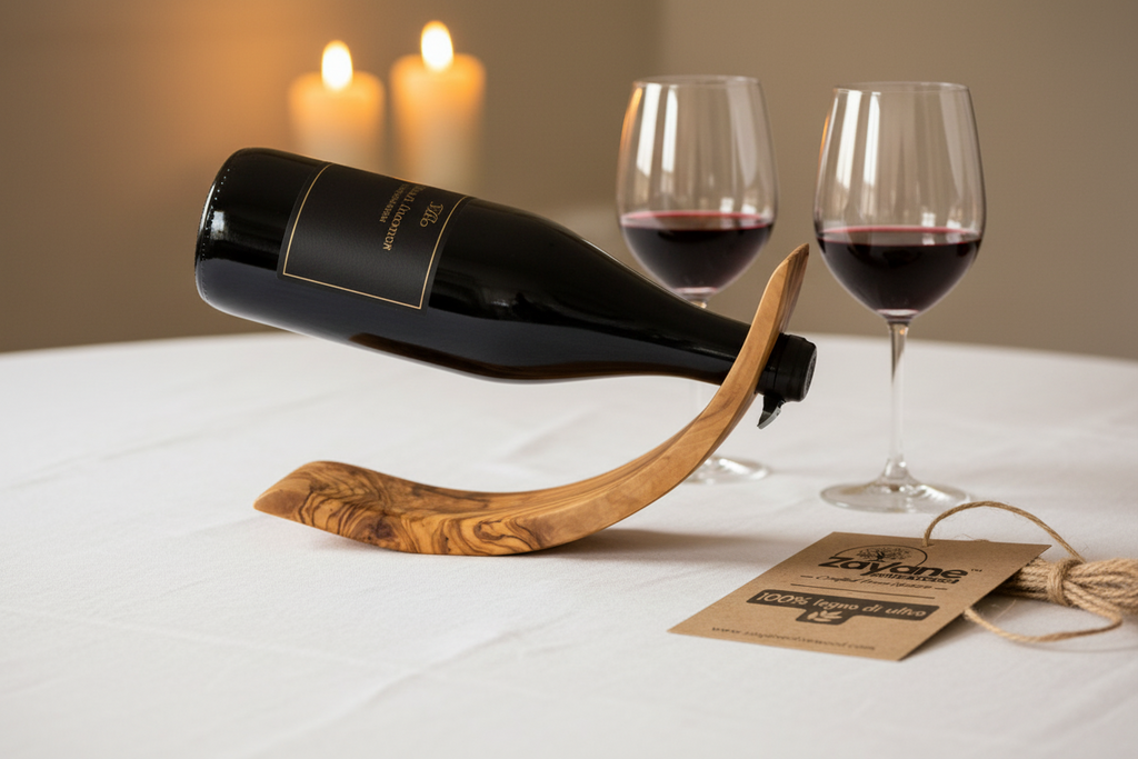 Handgefertigter Flaschenhalter Halbmond aus Olivenholz – Zayane™