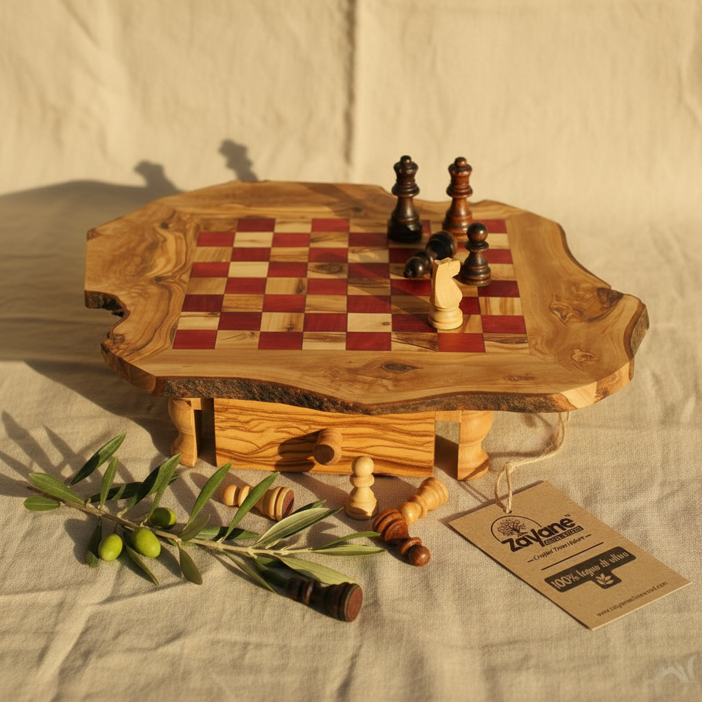 Scacchiera Artigianale in Legno d'Ulivo con Cassetto – Quadrettini Rossi M, L, XL | Zayane™