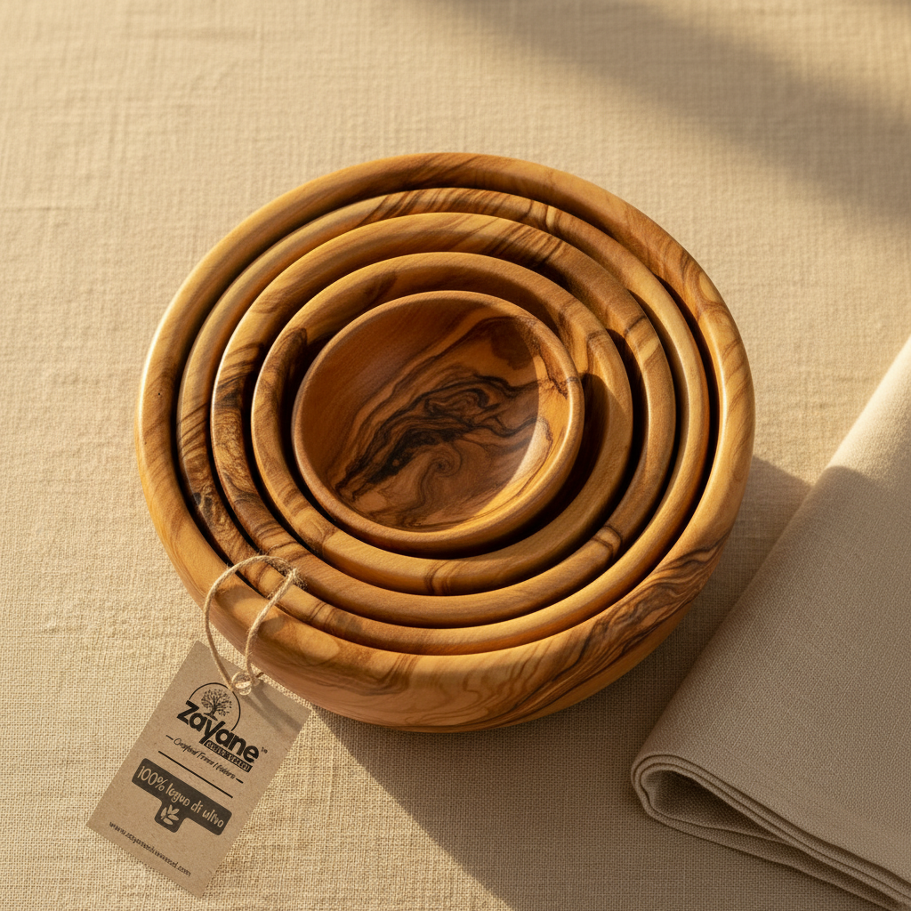 Set 6 Ciotole in Legno d’Ulivo Artigianali – Ø 6–16 cm Impilabili | Zayane™