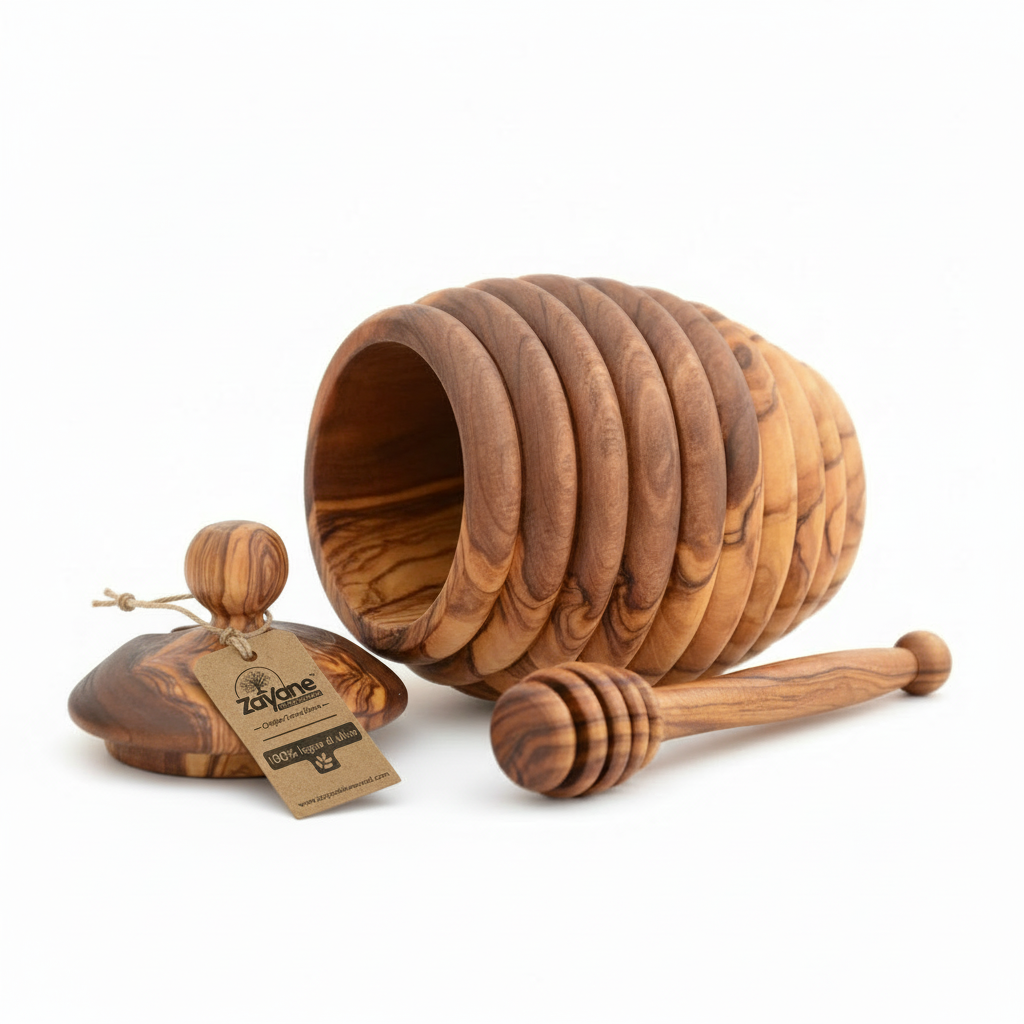 Barattolo per Miele in Legno d’Ulivo con Cucchiaio Dosatore – Zayane™