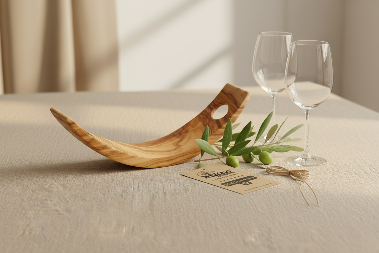 Handgefertigter Flaschenhalter Halbmond aus Olivenholz – Zayane™