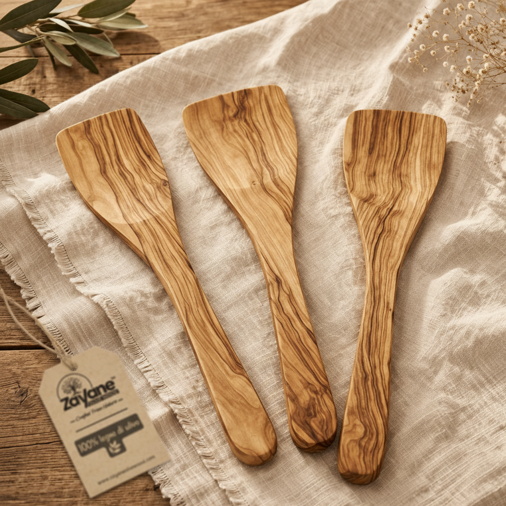 3-teiliges Küchenhelfer-Set – Löffel, Pfannenwender und Gabel aus Olivenholz | Zayane™