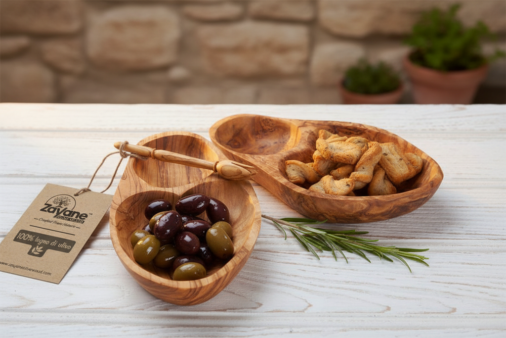 Olivenholz Aperitif-Tablett mit Saucenhalter | Zayane™