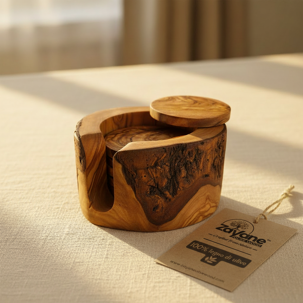 Set of 6 Hand-Carved Olive Wood Coasters with Grooved Base | Zayane™