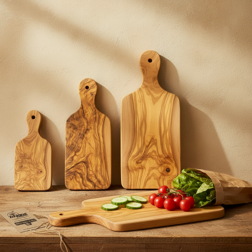 Set of 3 Chopping Boards – Long Olive Wood Handle | Zayane™
