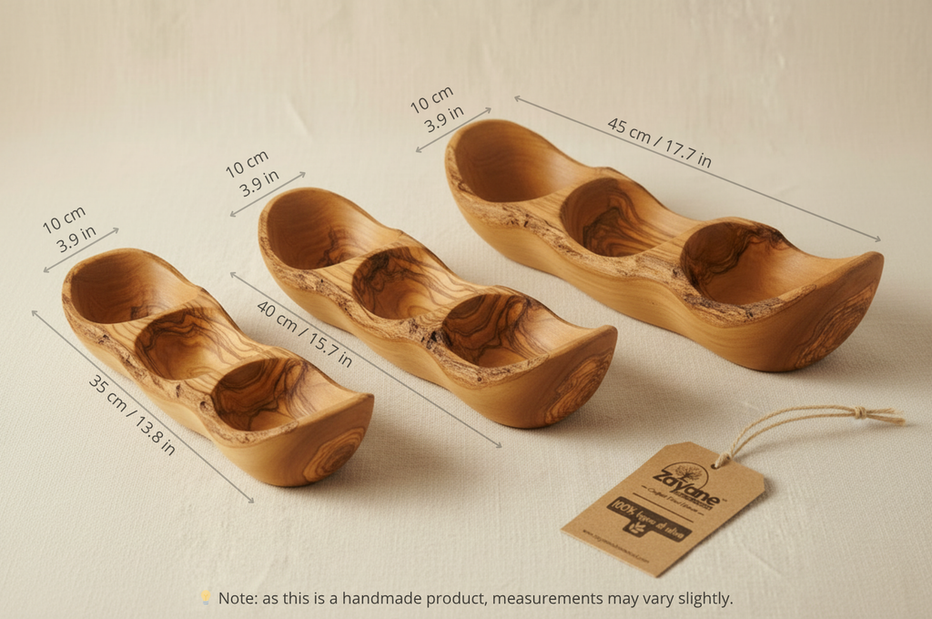 Vassoio Aperitivo a 3 Sezioni a Forma di Barca in Legno d’Ulivo – Zayane™