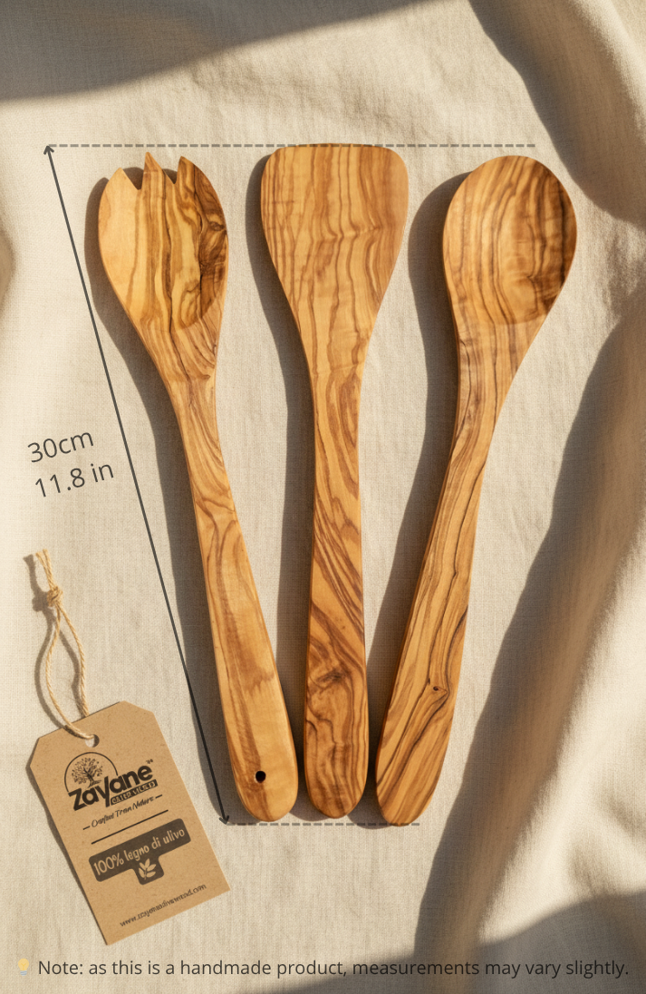 3-teiliges Küchenhelfer-Set – Löffel, Pfannenwender und Gabel aus Olivenholz | Zayane™