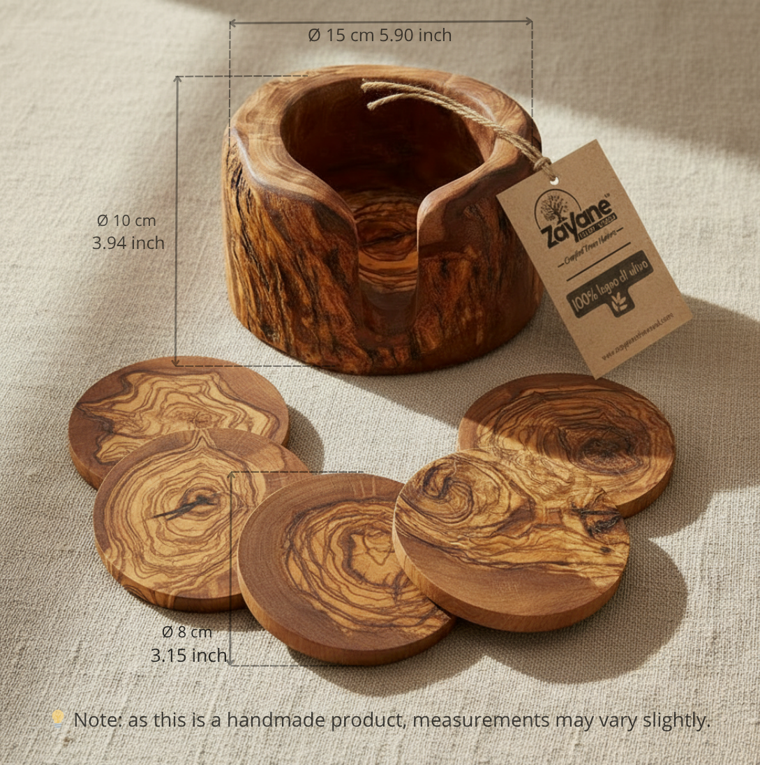 Set of 6 Hand-Carved Olive Wood Coasters with Grooved Base | Zayane™