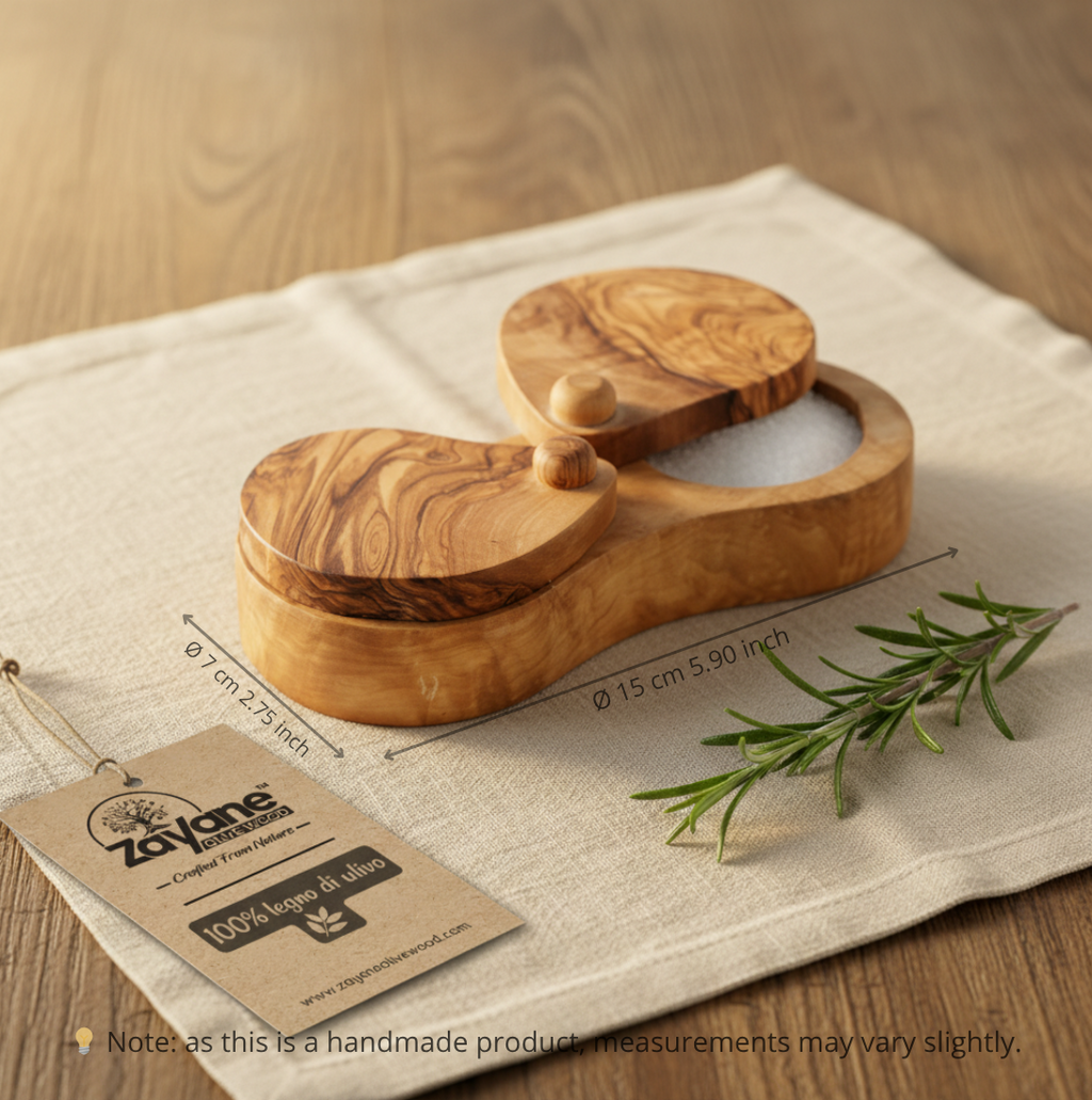 Porta Sale e Pepe in Legno d’Ulivo con Coperchio – Set Contenitori Spezie Artigianali – Zayane™