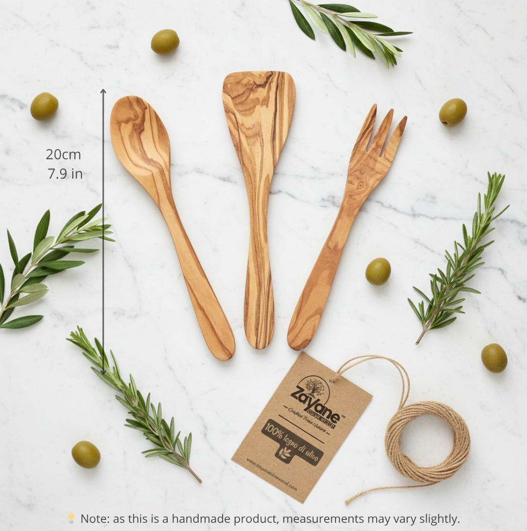 3-teiliges Besteckset – Löffel, Gabel und Pfannenwender aus Olivenholz | Zayane™