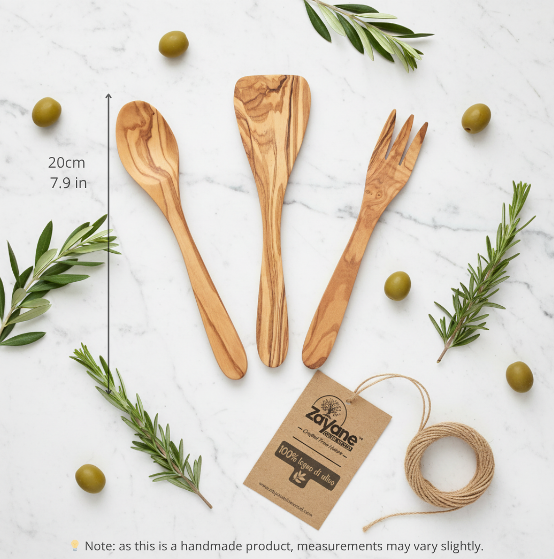 3-teiliges Besteckset – Löffel, Gabel und Pfannenwender aus Olivenholz | Zayane™