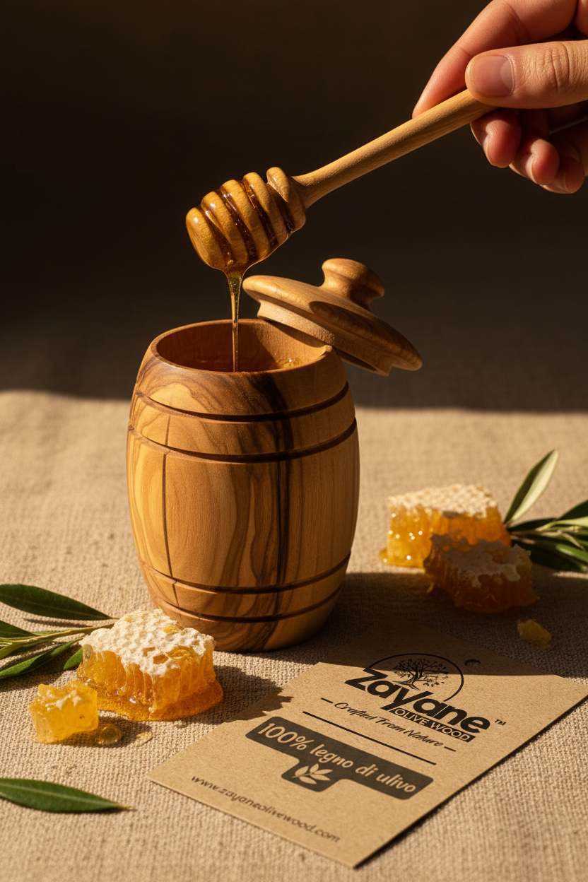 Barattolo per Miele in Legno d’Ulivo con Cucchiaio Dosatore – Zayane™
