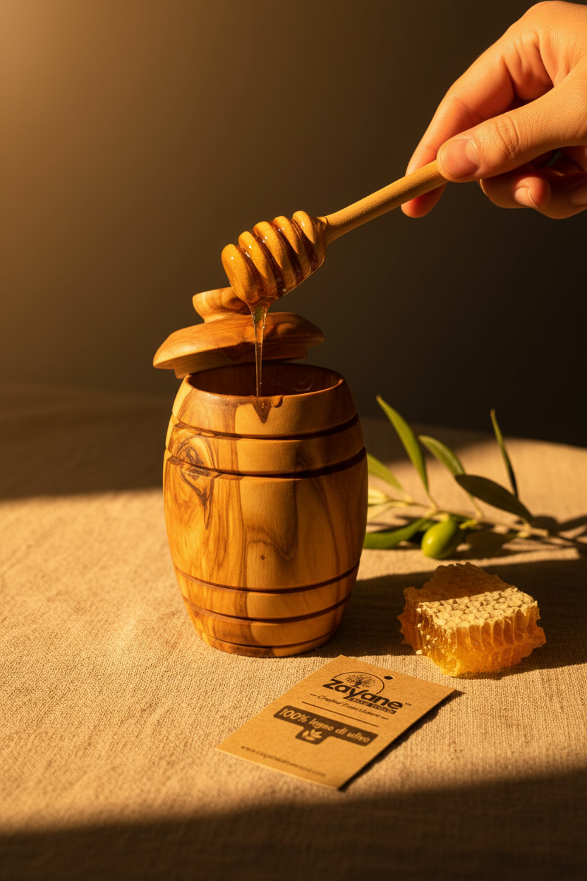 Barattolo per Miele in Legno d’Ulivo con Cucchiaio Dosatore – Zayane™